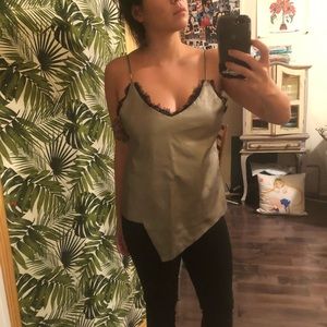 Metallic asymmetrical silver cami w/ lace trim